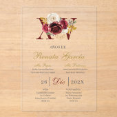 Acrylic Burgundy floral quinceañera invitation アクリル招待状 (正面)