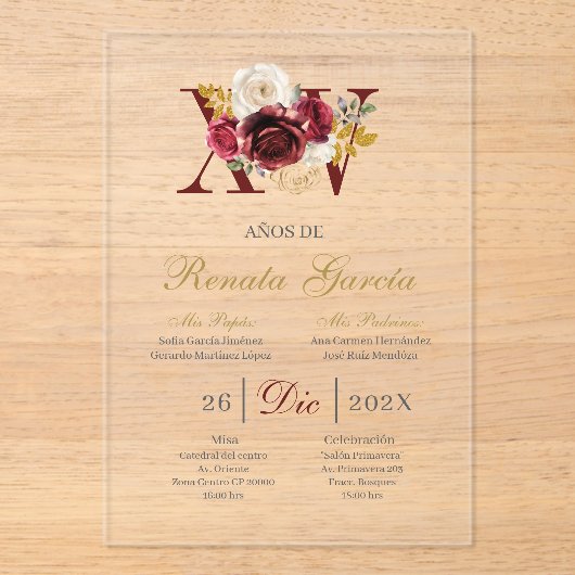 Acrylic Burgundy floral quinceañera invitation アクリル招待状 (正面)