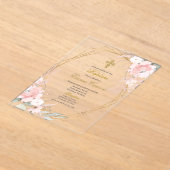 Acrylic Gold frame pink blush floral baptism アクリル招待状 (レイダウン)