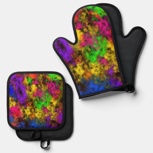 Acrylic Neon Colors Paint Splatter Splash Abstract 鍋つかみ&鍋敷きセット (正面/裏面)