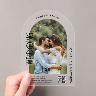 ACRYLIC Photo Wedding Invite モダン QR Code RSVP アクリル招待状