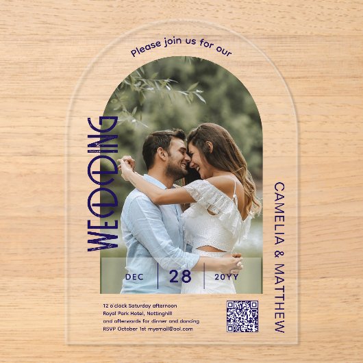 ACRYLIC Photo Wedding Invite モダン QR Code RSVP アクリル招待状 (正面)
