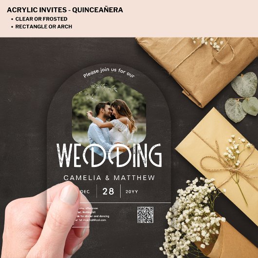ACRYLIC Photo Wedding Invite モダン QR Code RSVP アクリル招待状
