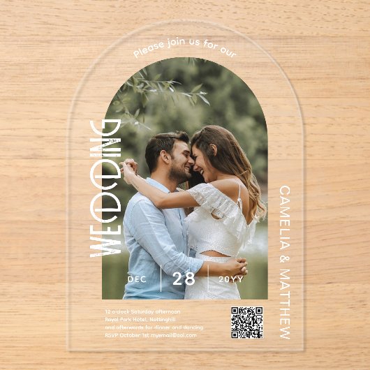 ACRYLIC Photo Wedding Invite モダン QR Code RSVP アクリル招待状 (正面)