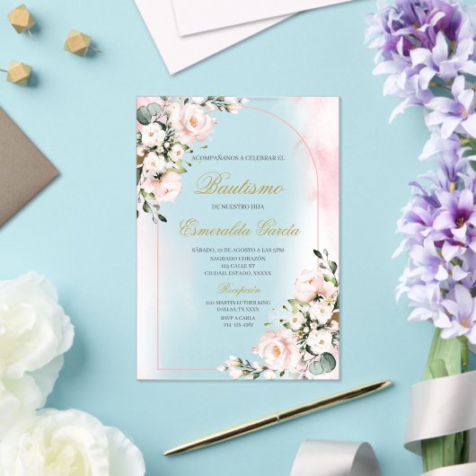Acrylic pink floral baptism アクリル招待状 (インサイチュ (ウェディング))