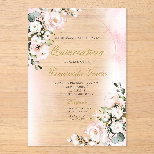 Acrylic pink floral quinceañera アクリル招待状 (正面)