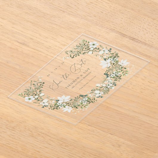 Acrylic Sage日付の結婚発表を保存 アクリル招待状 (レイダウン)