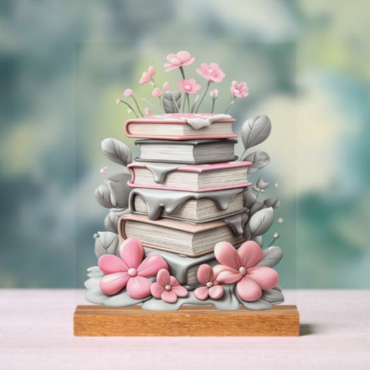 Acrylic Sign met blok - bloemen met boeken アクリルサイン (ニュートラル)