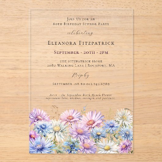 ACRYLIC SURPRISE PARTY 80 September Birth Flower アクリル招待状 (正面)