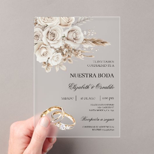 Acrylic White Floral Spanish Wedding Invitation アクリル招待状 (インサイチュ (ポータブル))