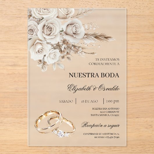Acrylic White Floral Spanish Wedding Invitation アクリル招待状 (正面)