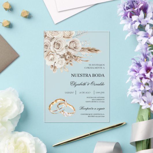 Acrylic White Floral Spanish Wedding Invitation アクリル招待状 (インサイチュ (ウェディング))