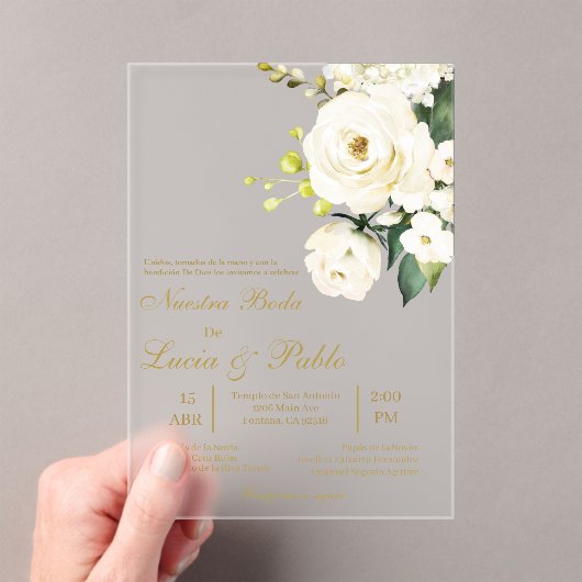 Acrylic white rose Wedding invitation in spanish アクリル招待状 (インサイチュ (ポータブル))