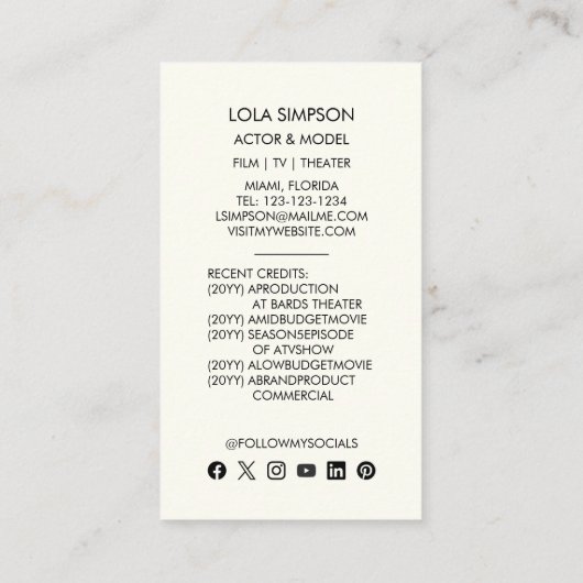 Actor Modelエンターテイメントプロフェッショナル写真 名刺 (裏面)