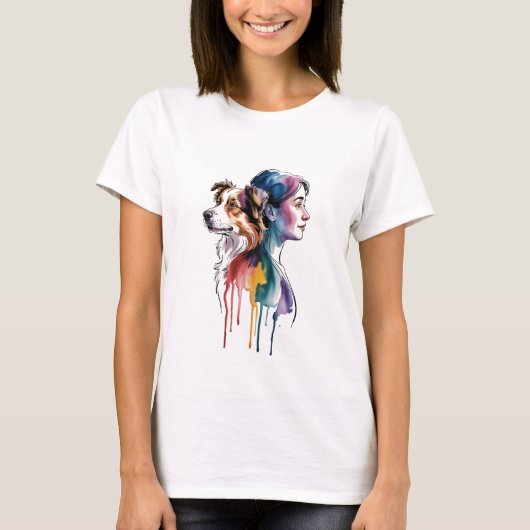 Acuarela Canina Border Collie - Femenina Tシャツ (正面)