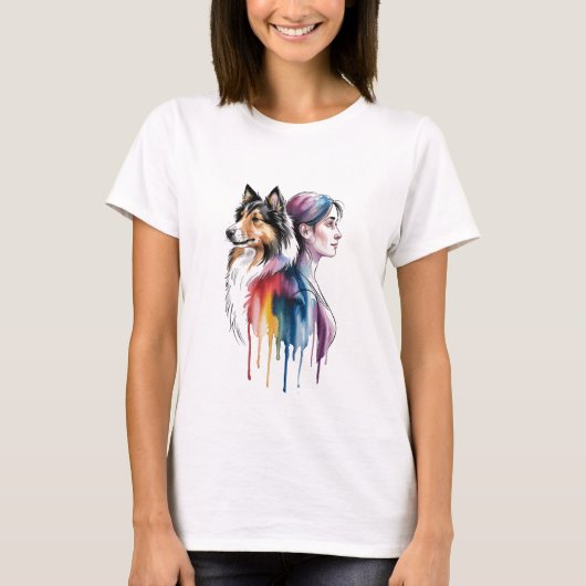 Acuarela Canina Sheltie - Femenina Tシャツ (正面)