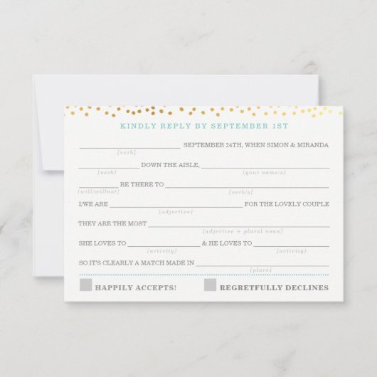 AD LIB RSVP応答おもしろい素朴な金ゴールド紙吹雪ミント 出欠カード (正面)