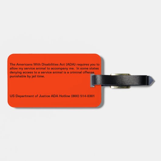 ADAはDOJの電話番号と犬の法律のラベルを整備します ラゲッジタグ (裏面横)