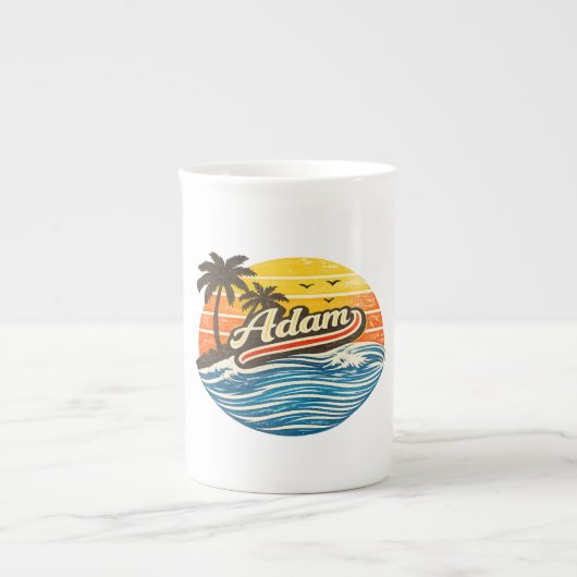 Adam Retro Sunset Name Design ボーンチャイナマグカップ (正面)