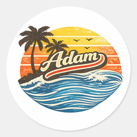 Adam Retro Sunset Name Design ラウンドシール (正面)