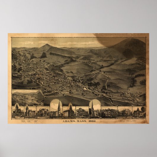 Adams Massachusetts 1882アンティークパノラママップ ポスター (正面)