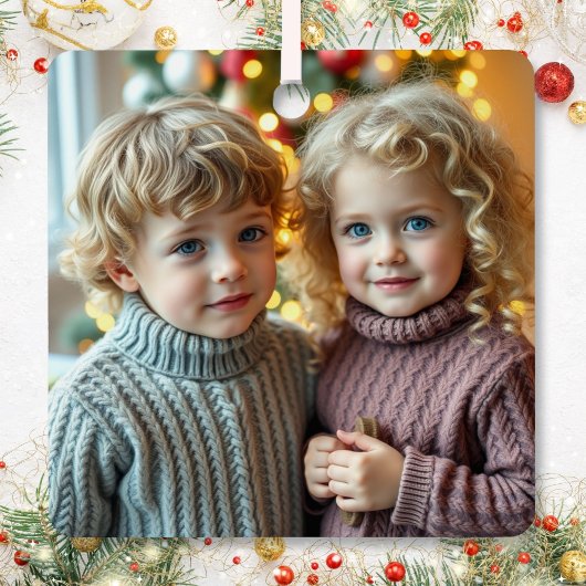 Add a Family Photo to this Personalized Christmas メタルオーナメント