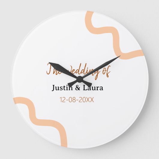 add bride groom name date の結婚式 ピーチ ラージ壁時計 (正面)