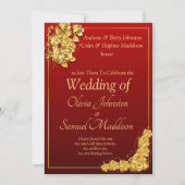 Add Guest Name Gold Rose Flower Maroon Red Wedding 招待状 (正面)