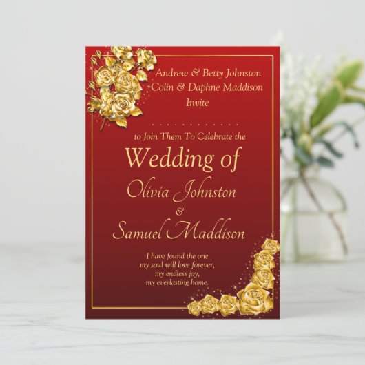 Add Guest Name Gold Rose Flower Maroon Red Wedding 招待状 (スタンド正面)