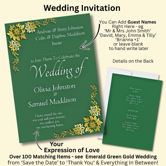 Add Guest Name Purple Emerald Green & Gold Wedding 招待状