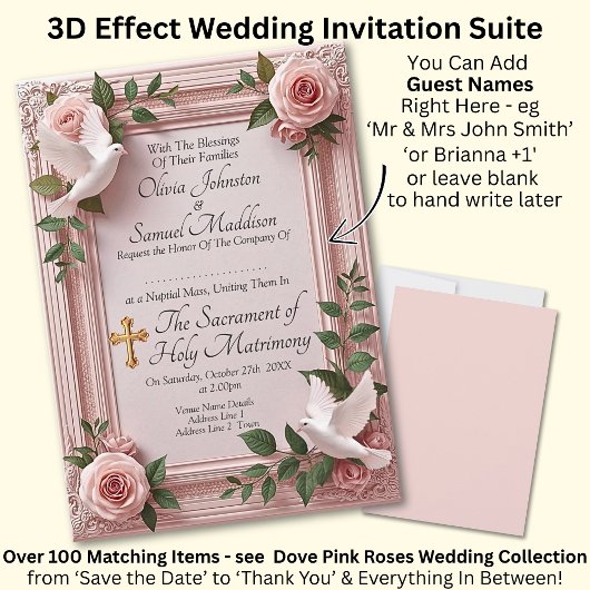 Add Guest Names, Doves and Pink Roses Invitation 招待状