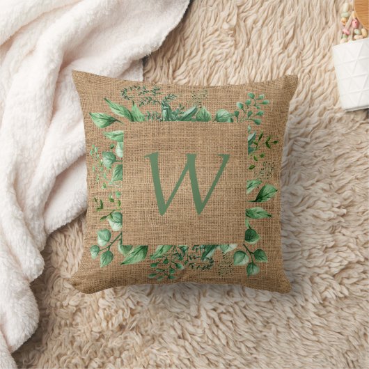 ADD LETTER - Monogram Greenery Burlap Printed クッション (ブランケット)