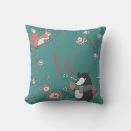 ADD LETTER - Nordic Woodland Animals Folkartティール（緑 クッション