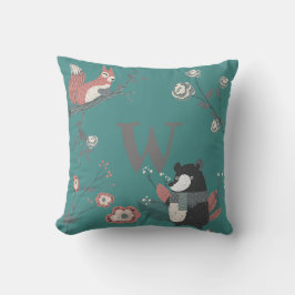 ADD LETTER - Nordic Woodland Animals Folkartティール（緑 クッション