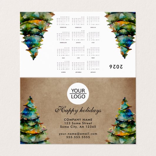 Add Logo Custom Text Christmas Tree 2026 Calendar 名刺 (外部フラット)