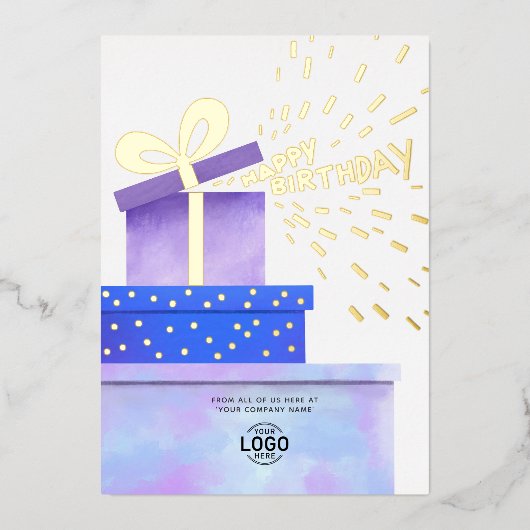 Add Logo Fun Purple Blue Gifts Business Birthday 箔招待状 (正面)