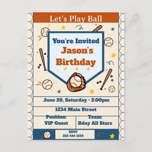 Add Name - Baseball Birthday Invitation for Boys インビテーションポストカード (正面)