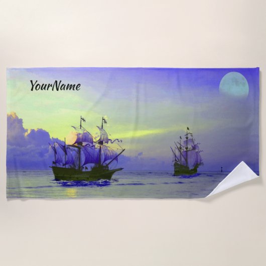 Add Name, Sailing Boat Ships Pirate, Blue  ビーチタオル (正面)