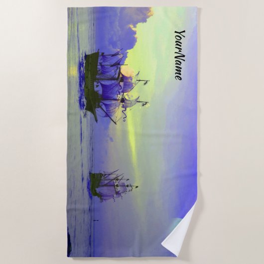 Add Name, Sailing Boat Ships Pirate, Blue  ビーチタオル (正面)