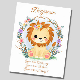 Add Name Text, Baby Lion & Flowers Nursery ポスター
