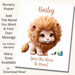 Add Name Text, Baby Lion with Blue Flower   Poster ポスター