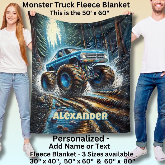 Add Name Text, Monster Truck in Forest フリースブランケット