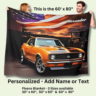 Add Name Text, Orange Muscle Car  フリースブランケット