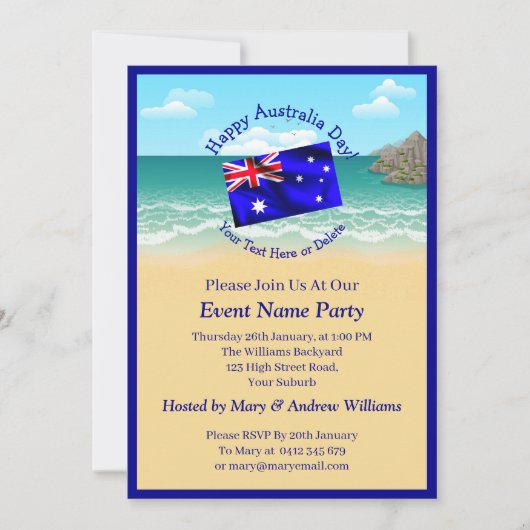 Add Name Year Date Australia Dayパーティービーチ 招待状 (正面)