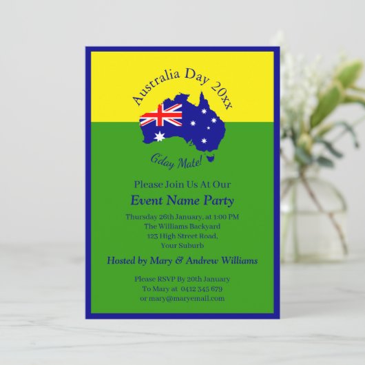 Add Name Year Date Australia Day Green金ゴールドパーティー 招待状 (スタンド正面)
