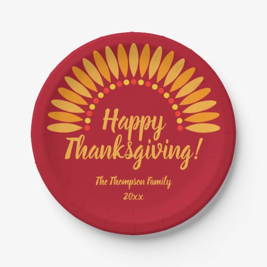 Add Name Year Happy Thanksgiving Yellows Red 7" ペーパープレート (正面)