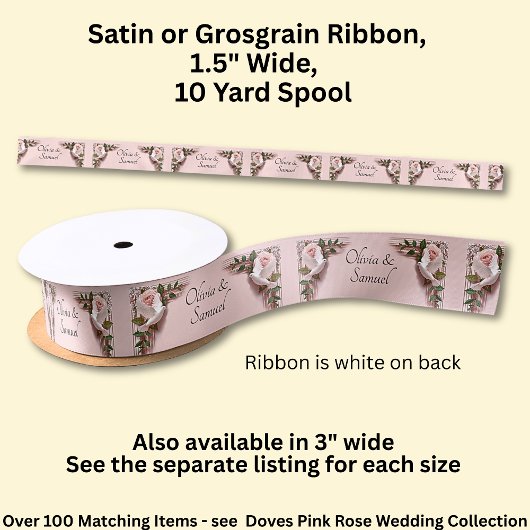 Add Names, 1.5" Pink Roses & Doves Wedding サテンリボン