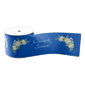 Add Names, 3" Wide Cobalt Blue White Roses グログランリボン (リール)