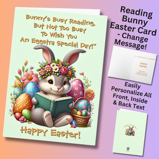 Add Names, Bunny's Busy Reading, with Eggs, Easter カード