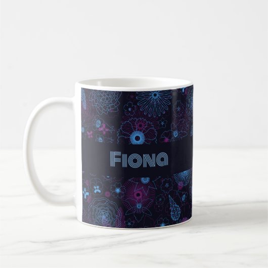 Add Your Name Floral Outline Blue & Purple Pattern コーヒーマグカップ (左)